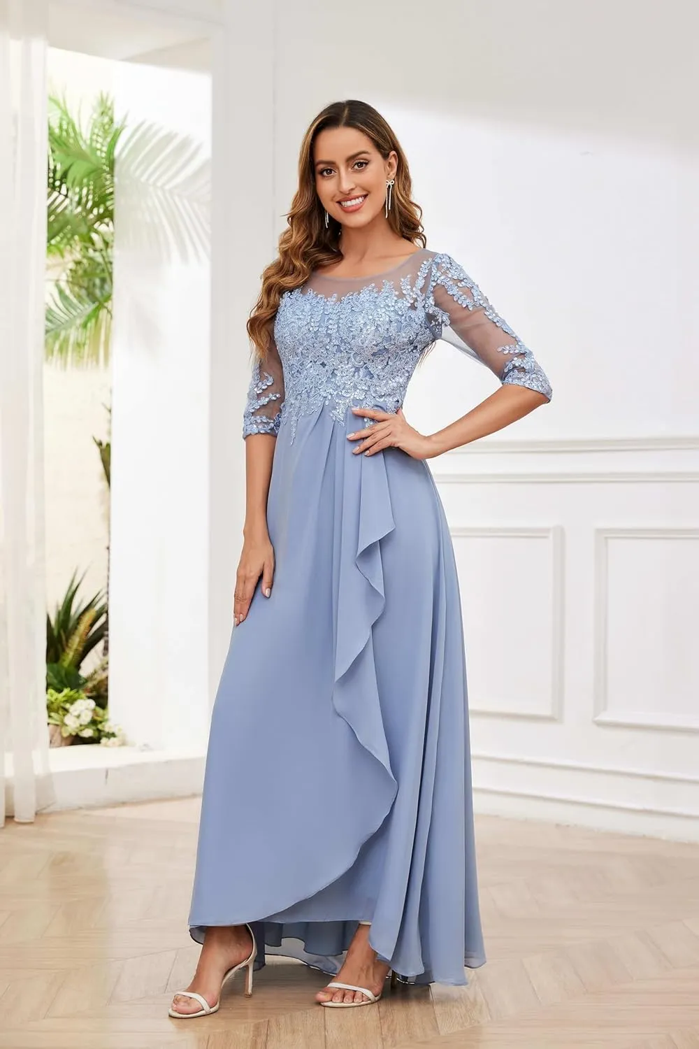 GUKARLEED Women's Ruffles Chiffon Mother of The Bride Dresses 3/4 Sleeve Formal Dress Sequin Appliques Wedding Guest Dress
