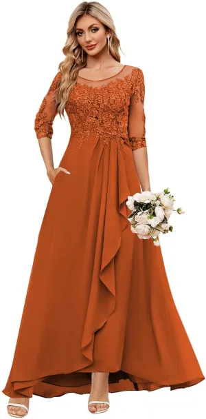 GUKARLEED Women's Ruffles Chiffon Mother of The Bride Dresses 3/4 Sleeve Formal Dress Sequin Appliques Wedding Guest Dress