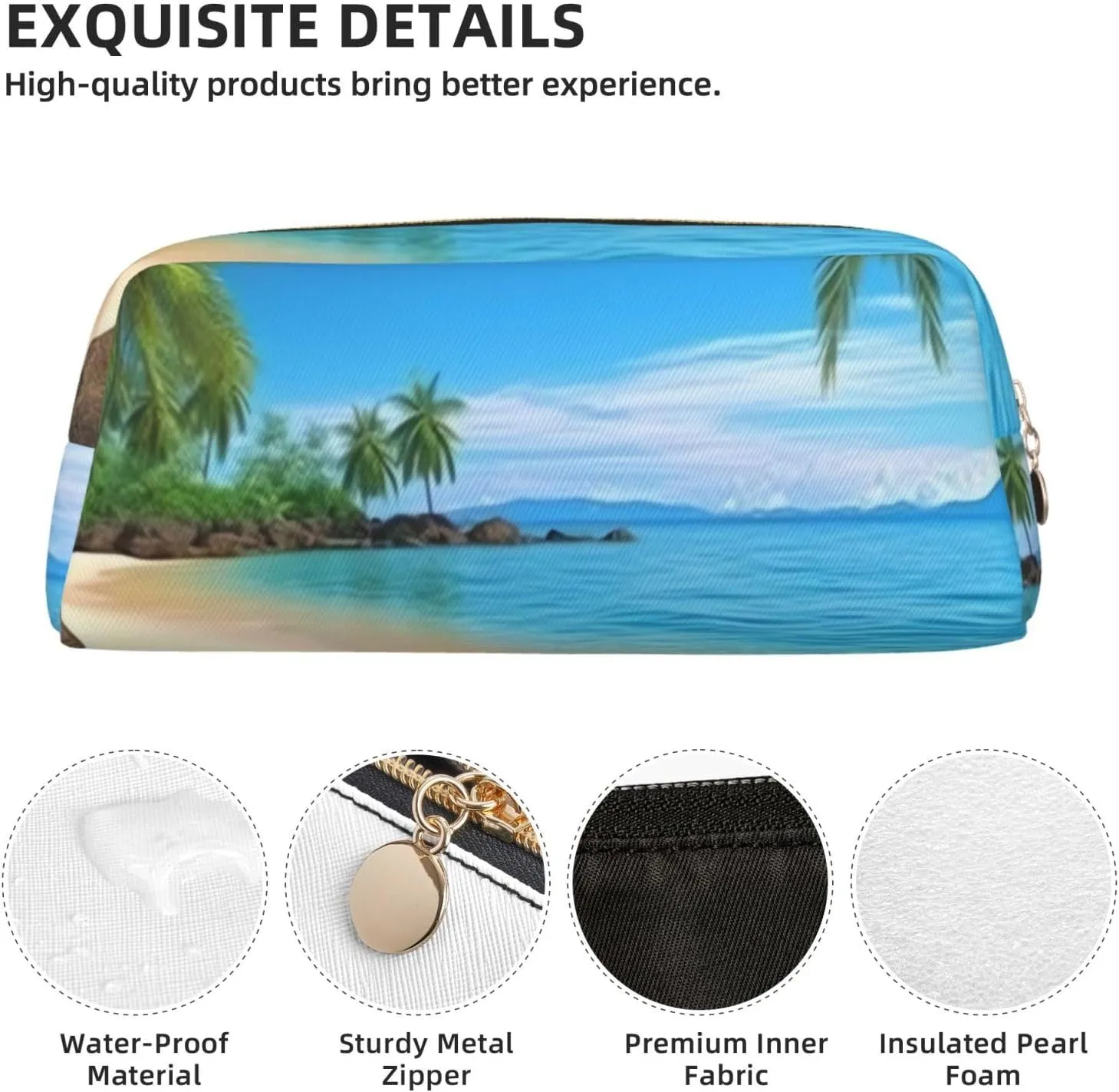 Hawaiian Beach with Palm Trees Makeup Bag Travel Toiletry Bag Big Pencil Bag for Women Men Leather Zipper Coin Pouch Purse