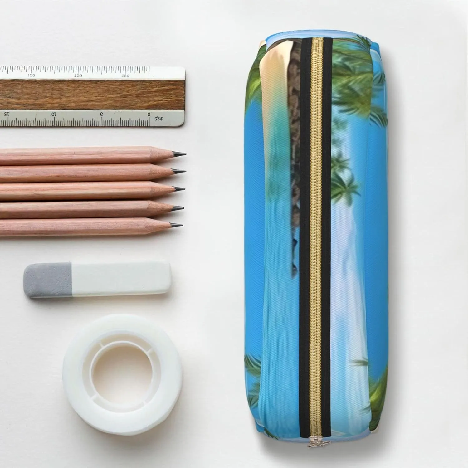 Hawaiian Beach with Palm Trees Makeup Bag Travel Toiletry Bag Big Pencil Bag for Women Men Leather Zipper Coin Pouch Purse