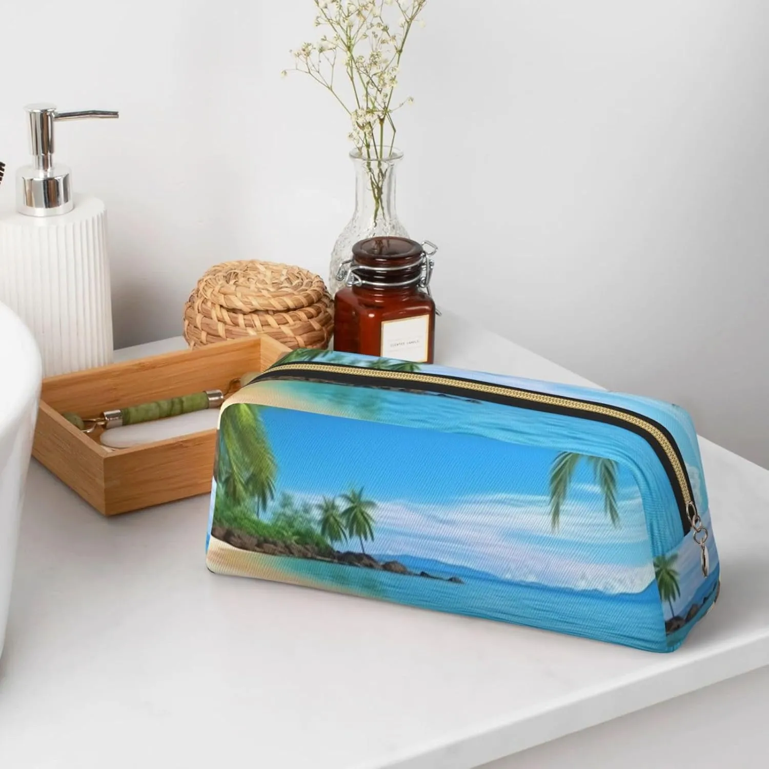 Hawaiian Beach with Palm Trees Makeup Bag Travel Toiletry Bag Big Pencil Bag for Women Men Leather Zipper Coin Pouch Purse