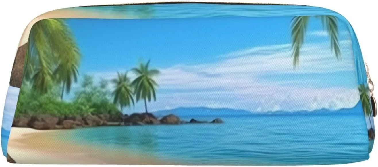 Hawaiian Beach with Palm Trees Makeup Bag Travel Toiletry Bag Big Pencil Bag for Women Men Leather Zipper Coin Pouch Purse