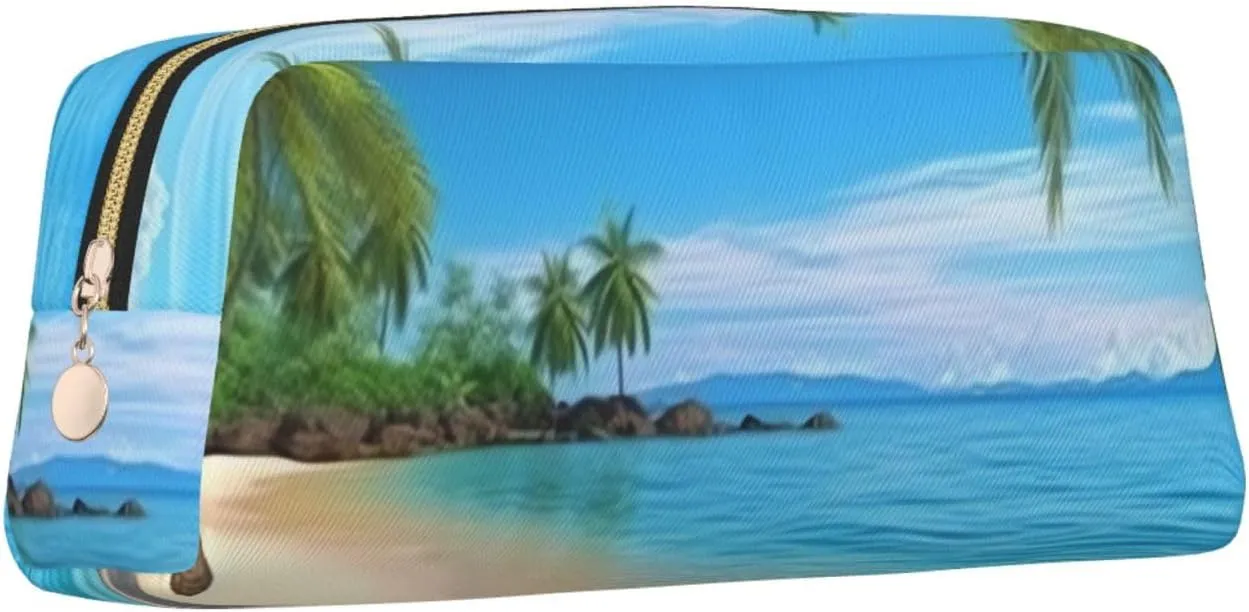 Hawaiian Beach with Palm Trees Makeup Bag Travel Toiletry Bag Big Pencil Bag for Women Men Leather Zipper Coin Pouch Purse