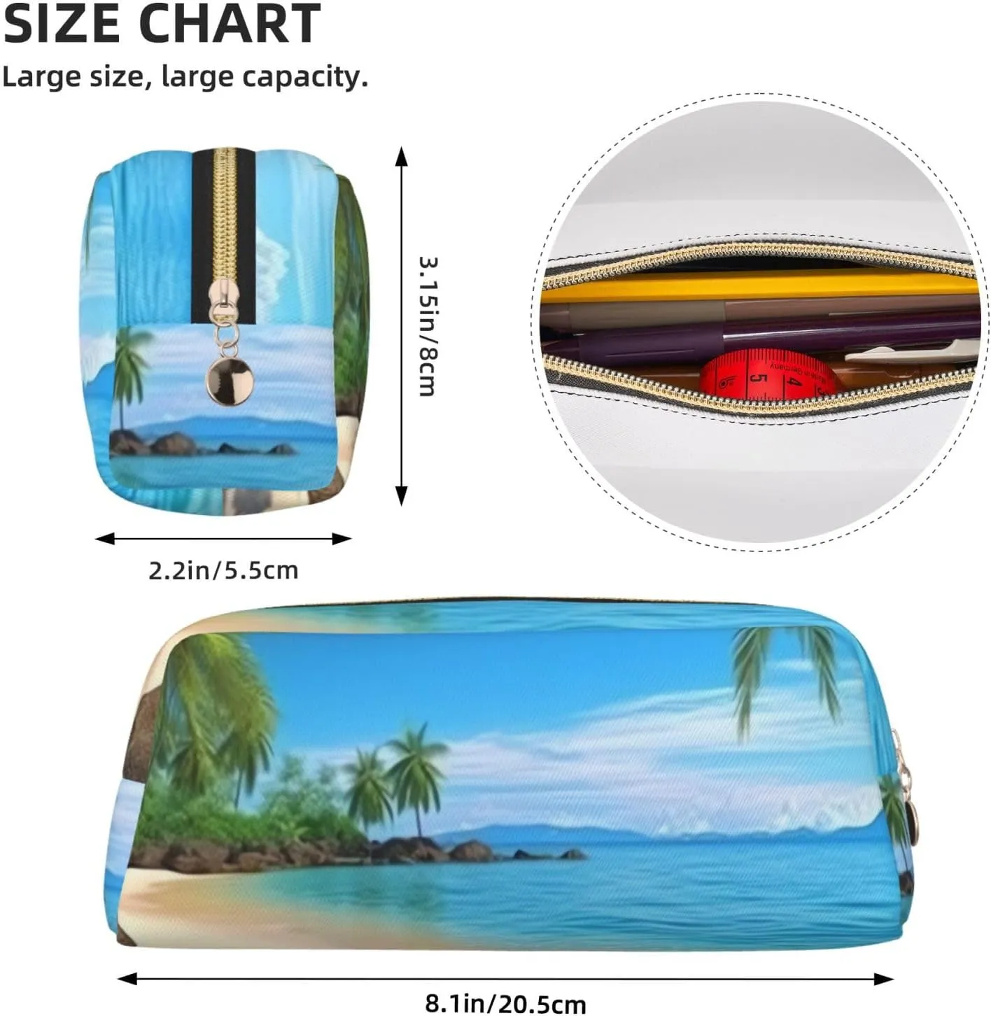Hawaiian Beach with Palm Trees Makeup Bag Travel Toiletry Bag Big Pencil Bag for Women Men Leather Zipper Coin Pouch Purse