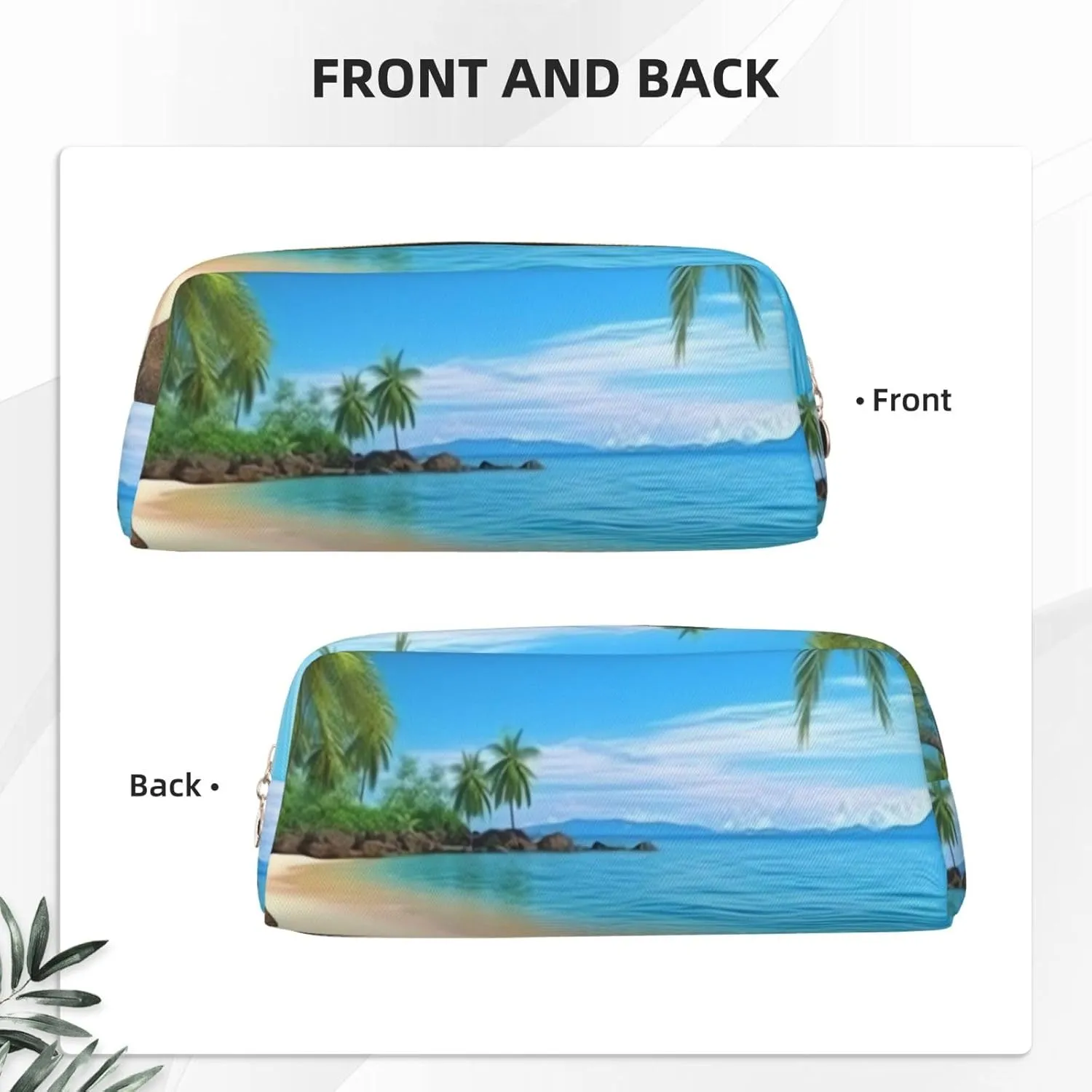 Hawaiian Beach with Palm Trees Makeup Bag Travel Toiletry Bag Big Pencil Bag for Women Men Leather Zipper Coin Pouch Purse