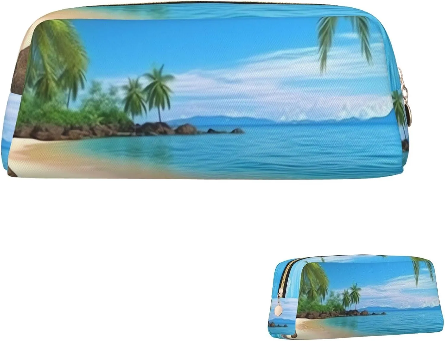Hawaiian Beach with Palm Trees Makeup Bag Travel Toiletry Bag Big Pencil Bag for Women Men Leather Zipper Coin Pouch Purse