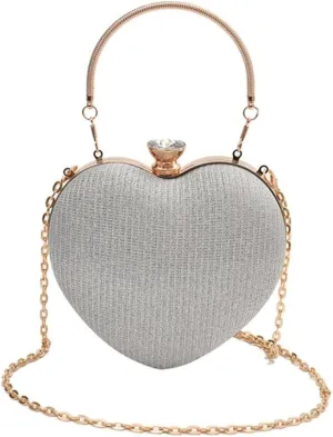 Heart-Shaped Evening Clutch Purse with Crystal Clasp, Gold Chain Strap, 6.3x6.7 inches
