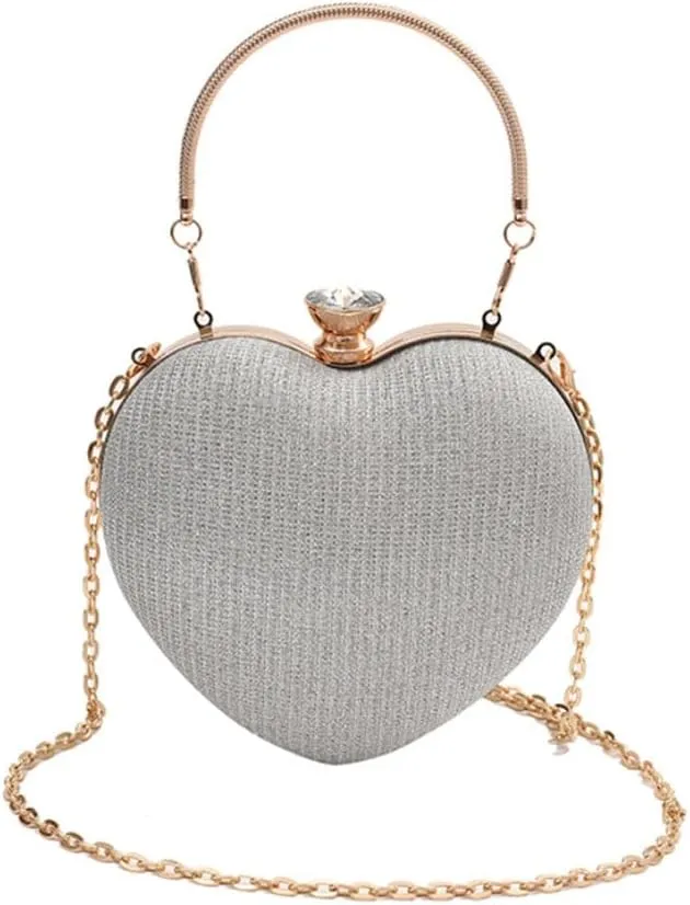 Heart-Shaped Evening Clutch Purse with Crystal Clasp, Gold Chain Strap, 6.3x6.7 inches