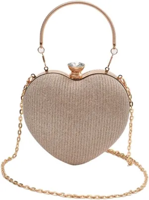 Heart-Shaped Evening Clutch Purse with Crystal Clasp, Gold Chain Strap, 6.3x6.7 inches