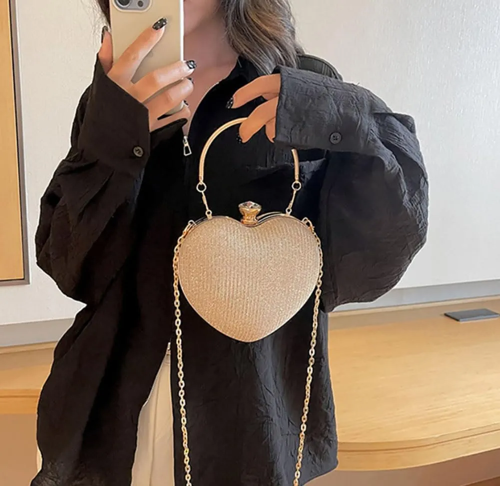 Heart-Shaped Evening Clutch Purse with Crystal Clasp, Gold Chain Strap, 6.3x6.7 inches