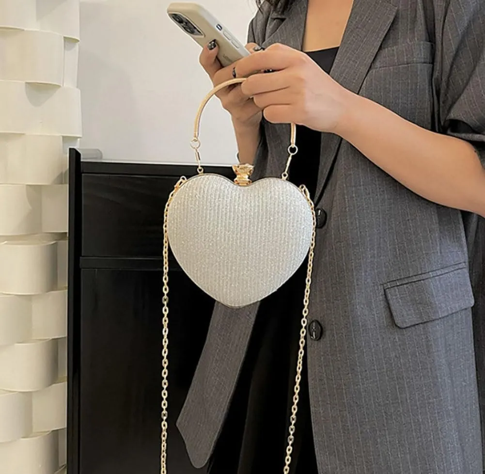 Heart-Shaped Evening Clutch Purse with Crystal Clasp, Gold Chain Strap, 6.3x6.7 inches