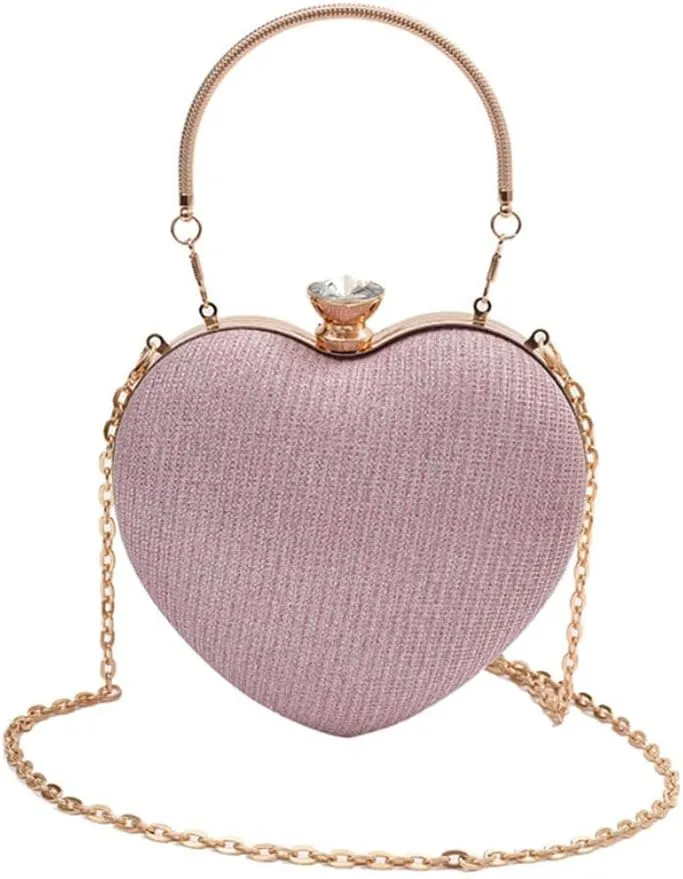 Heart-Shaped Evening Clutch Purse with Crystal Clasp, Gold Chain Strap, 6.3x6.7 inches