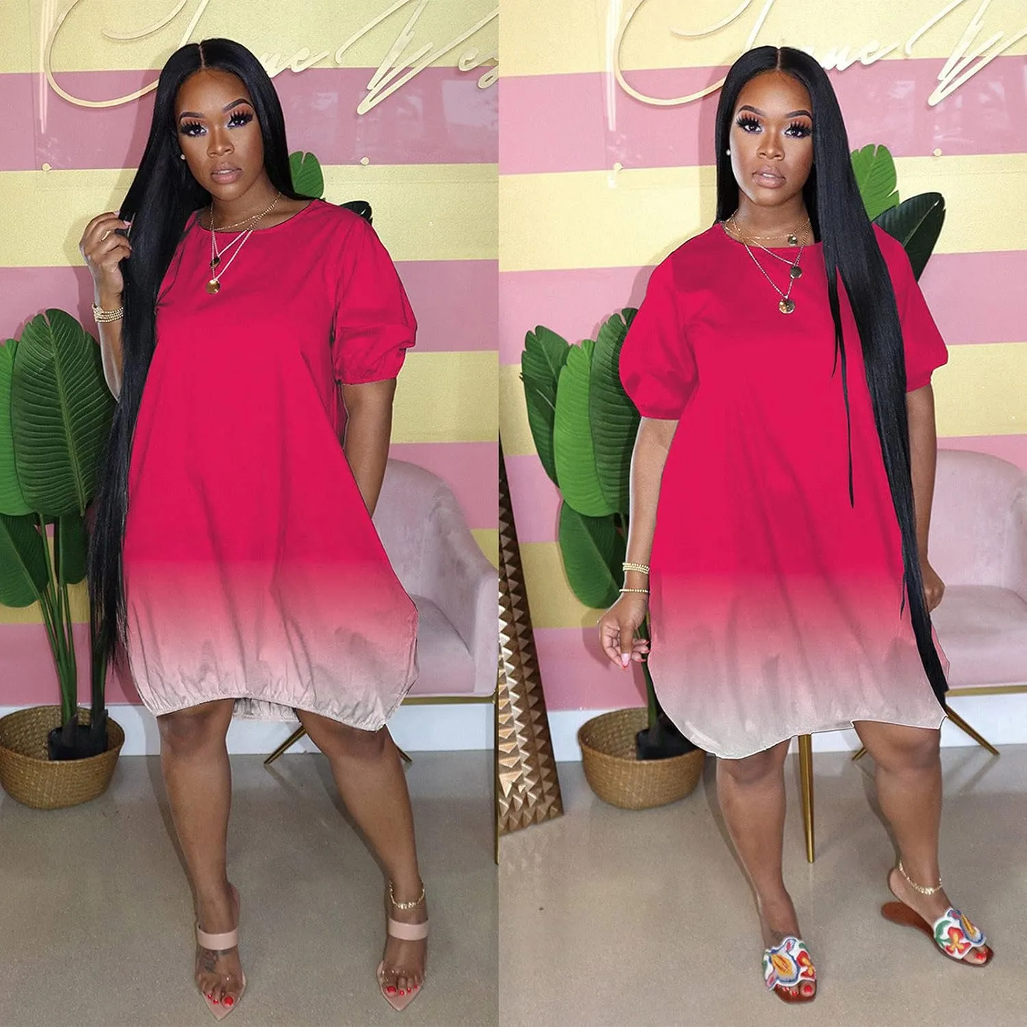 HGOOGY Midi Dress Flowy Short Women's Sleeve Plus Casual Gradient Casual Summer Mid-Length Women's Casual Dresses