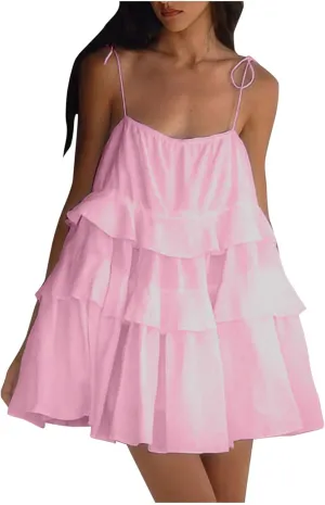 HGps8w Cute Layered Mini Dress for Women Tiered Ruffle Spaghetti Tie Strap Sleeveless Skater Mini Dresses