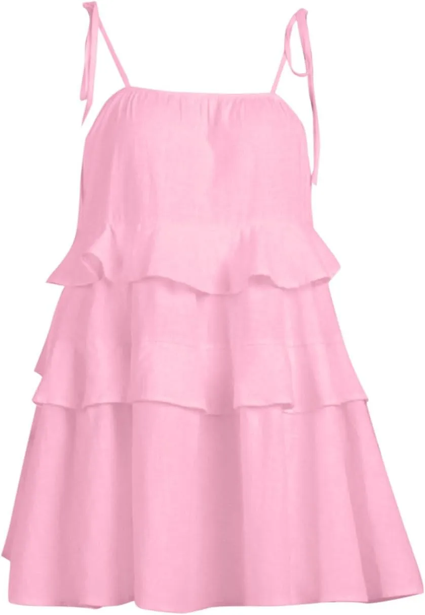 HGps8w Cute Layered Mini Dress for Women Tiered Ruffle Spaghetti Tie Strap Sleeveless Skater Mini Dresses