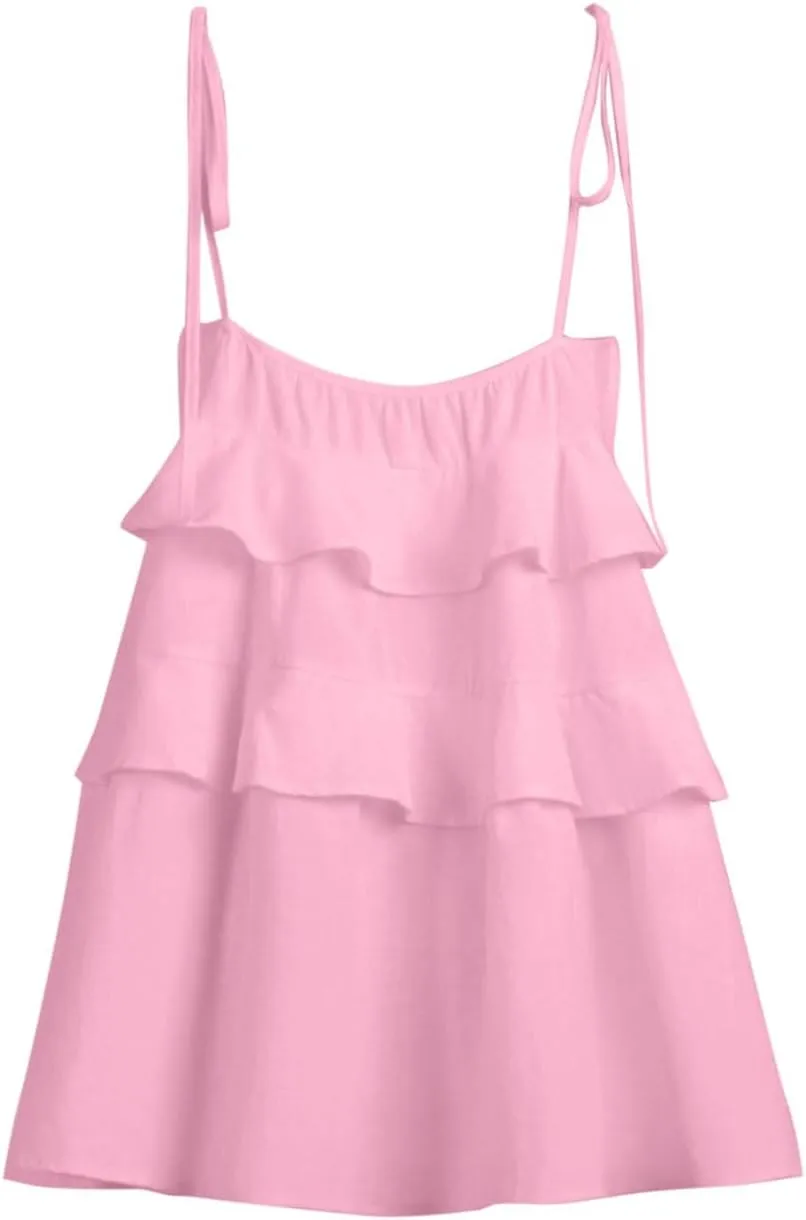 HGps8w Cute Layered Mini Dress for Women Tiered Ruffle Spaghetti Tie Strap Sleeveless Skater Mini Dresses