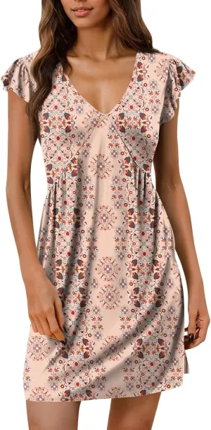 House Dresses for Women Floral Deep V Neck Flowy Western Mini Dress House Ruffle Cap Sleeve Casual Beach Sundresses