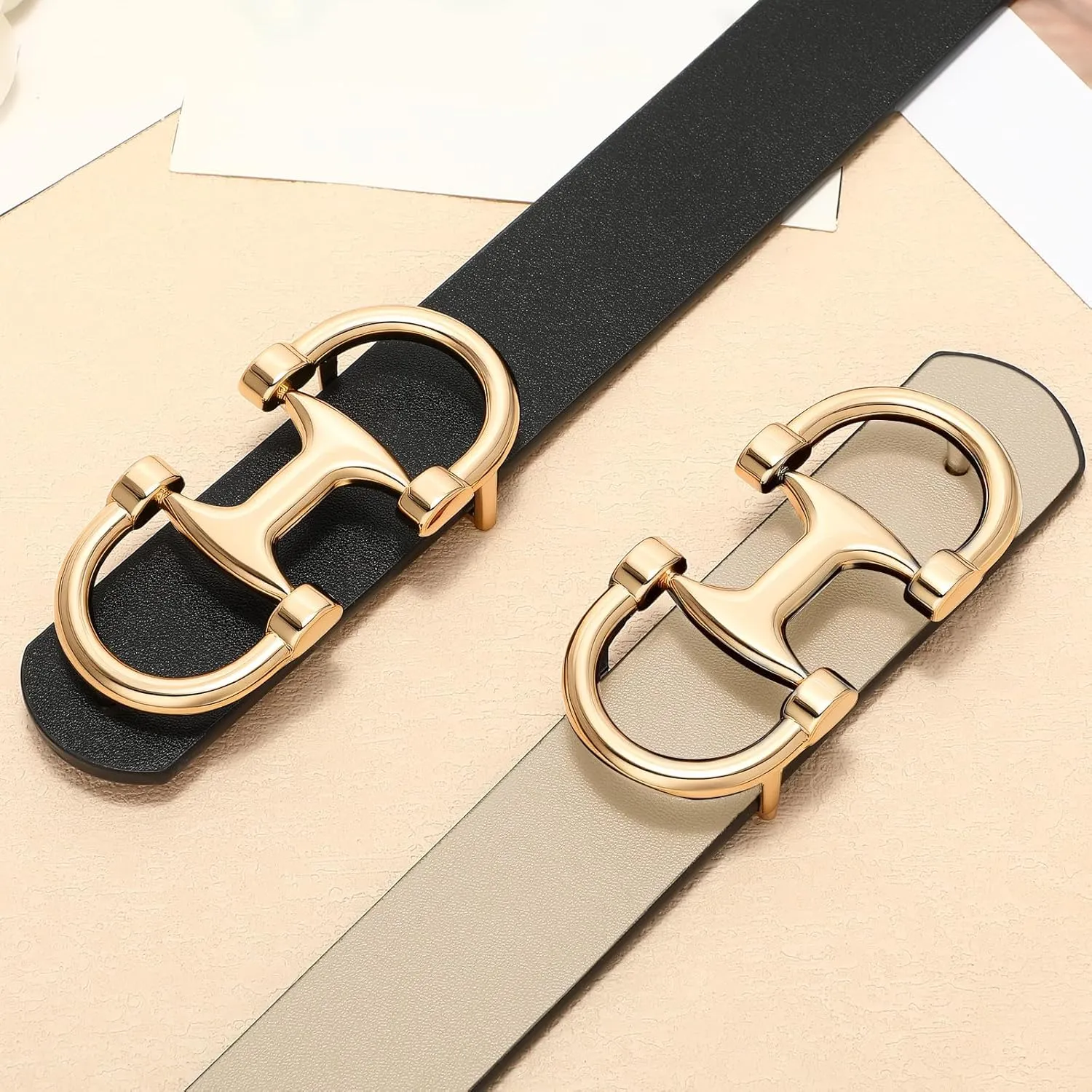 IAKING Women Reversible Leather Belt Two-in-One Ladies Belts with Gold Buckle for Jeans Pants Dresses