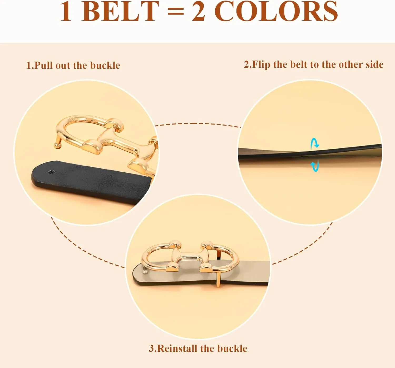 IAKING Women Reversible Leather Belt Two-in-One Ladies Belts with Gold Buckle for Jeans Pants Dresses