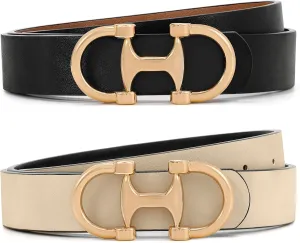 IAKING Women Reversible Leather Belt Two-in-One Ladies Belts with Gold Buckle for Jeans Pants Dresses