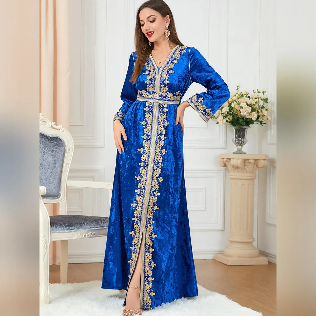 IDOPIP Muslim Women Velvet Dress Embroidery Abayas Long Sleeve V-Neck Moroccan Maxi Kaftan Dubai Robe Arabic Islamic Clothing