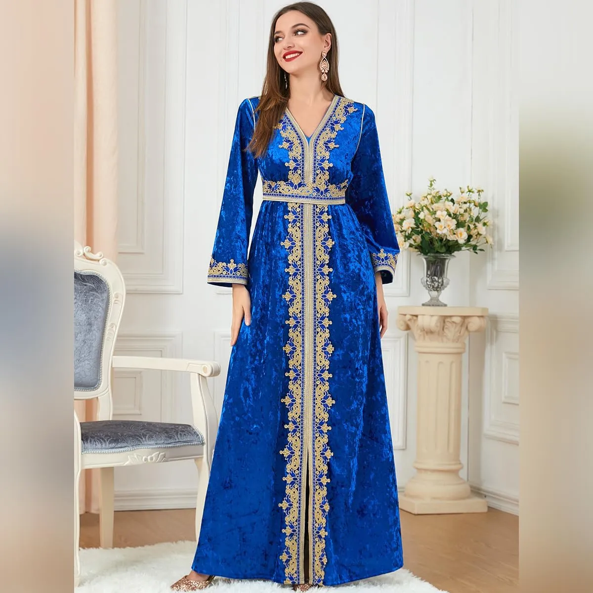 IDOPIP Muslim Women Velvet Dress Embroidery Abayas Long Sleeve V-Neck Moroccan Maxi Kaftan Dubai Robe Arabic Islamic Clothing