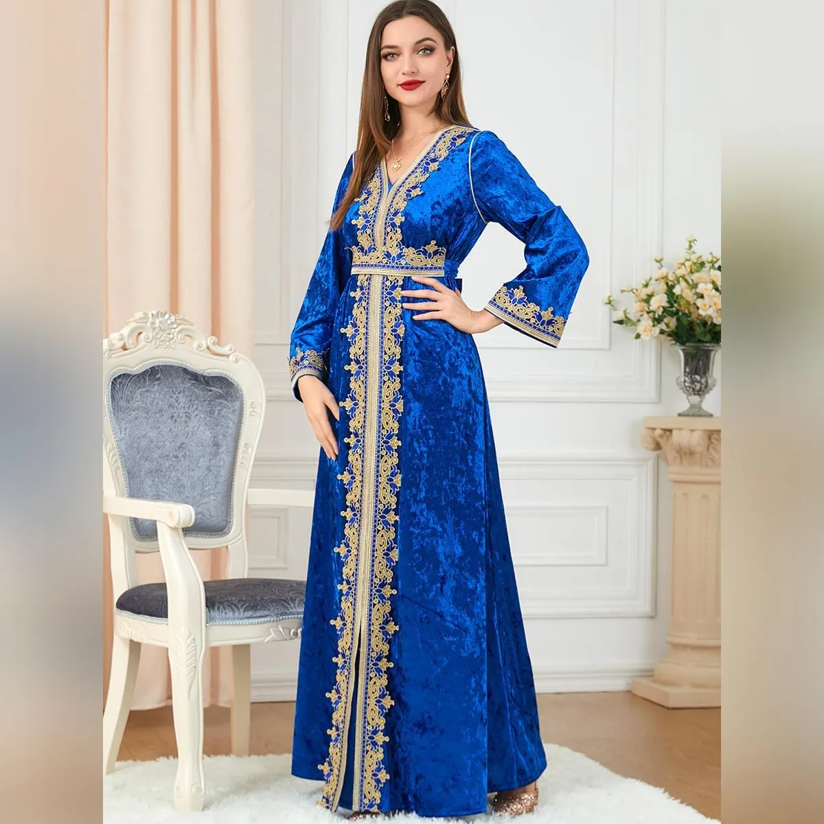 IDOPIP Muslim Women Velvet Dress Embroidery Abayas Long Sleeve V-Neck Moroccan Maxi Kaftan Dubai Robe Arabic Islamic Clothing