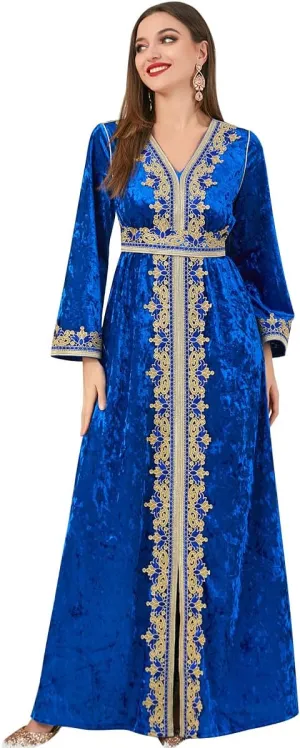 IDOPIP Muslim Women Velvet Dress Embroidery Abayas Long Sleeve V-Neck Moroccan Maxi Kaftan Dubai Robe Arabic Islamic Clothing