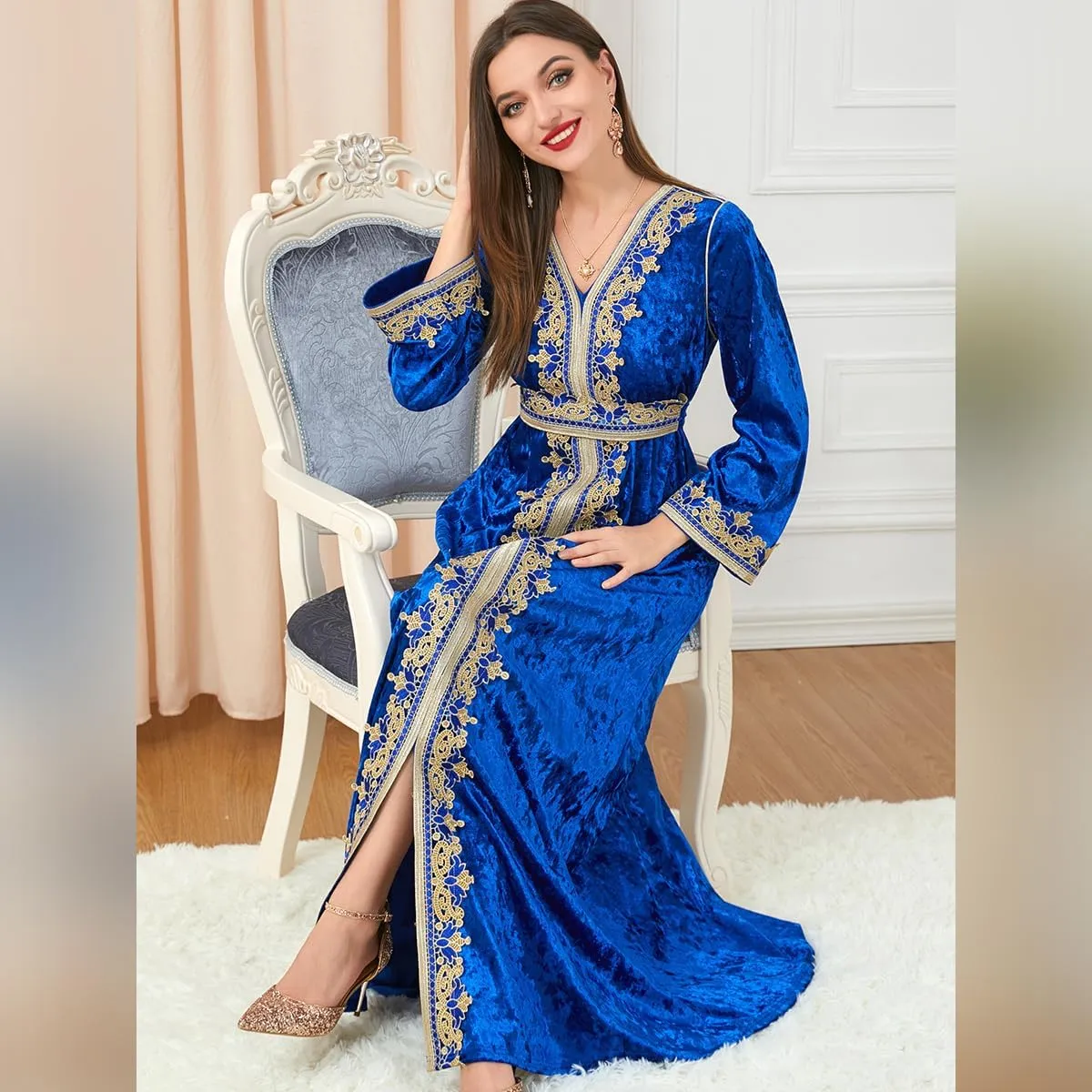 IDOPIP Muslim Women Velvet Dress Embroidery Abayas Long Sleeve V-Neck Moroccan Maxi Kaftan Dubai Robe Arabic Islamic Clothing