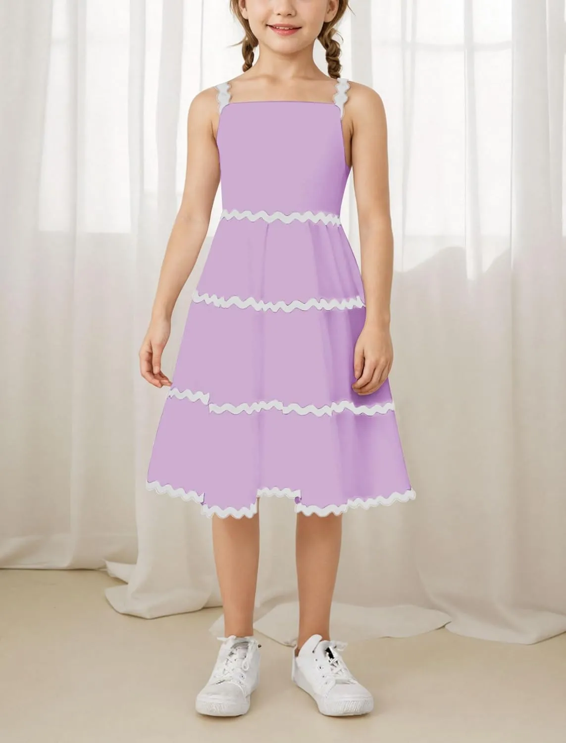 IDOPIP Toddler Girls Casual Dress Spaghetti Straps Rickrack Trim Dress Summer Sleeveless Flowy Smocked A Line Midi Sundress
