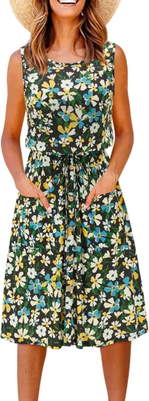 II ININ Women's Summer Casual Dress Sleeveless Midi Tank Dress Drawstring Button Down Sundress with Pockets