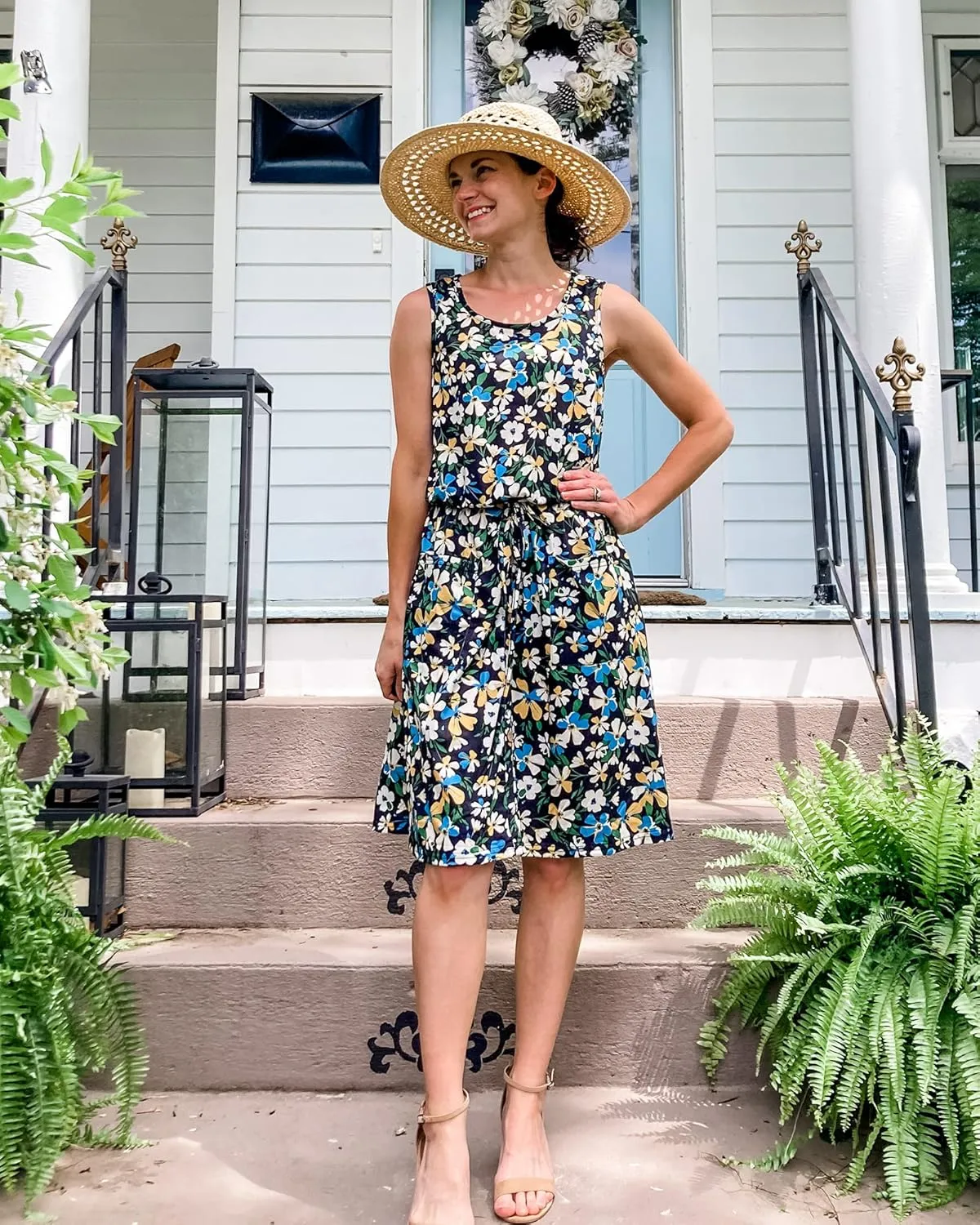 II ININ Women's Summer Casual Dress Sleeveless Midi Tank Dress Drawstring Button Down Sundress with Pockets