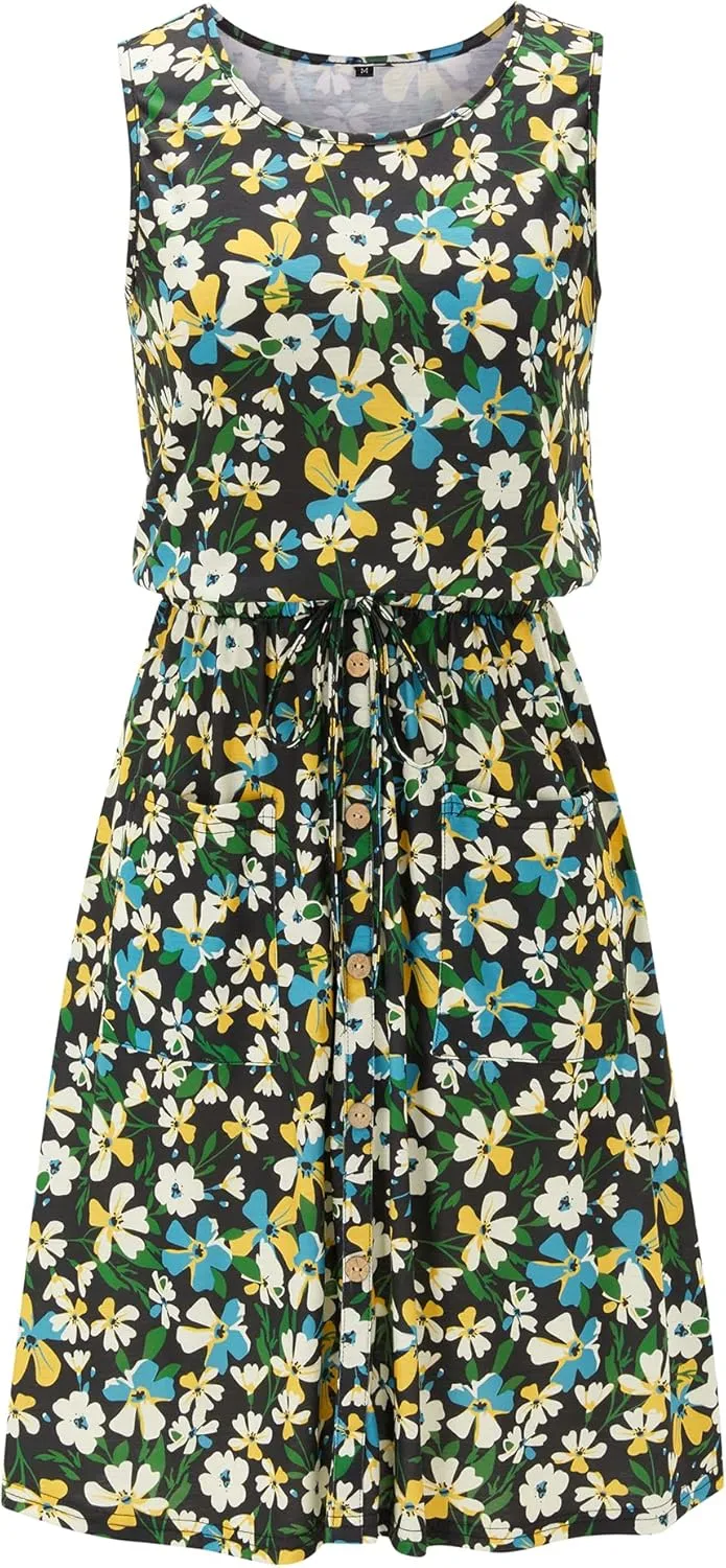 II ININ Women's Summer Casual Dress Sleeveless Midi Tank Dress Drawstring Button Down Sundress with Pockets