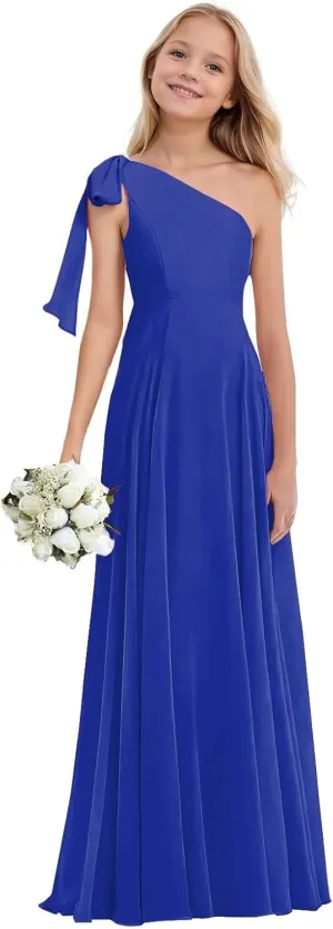 Junior Bridesmaid Dresses for Teen Girls One Shoulder Bow Chiffon Flower Girl Dress Girls Party Dresses