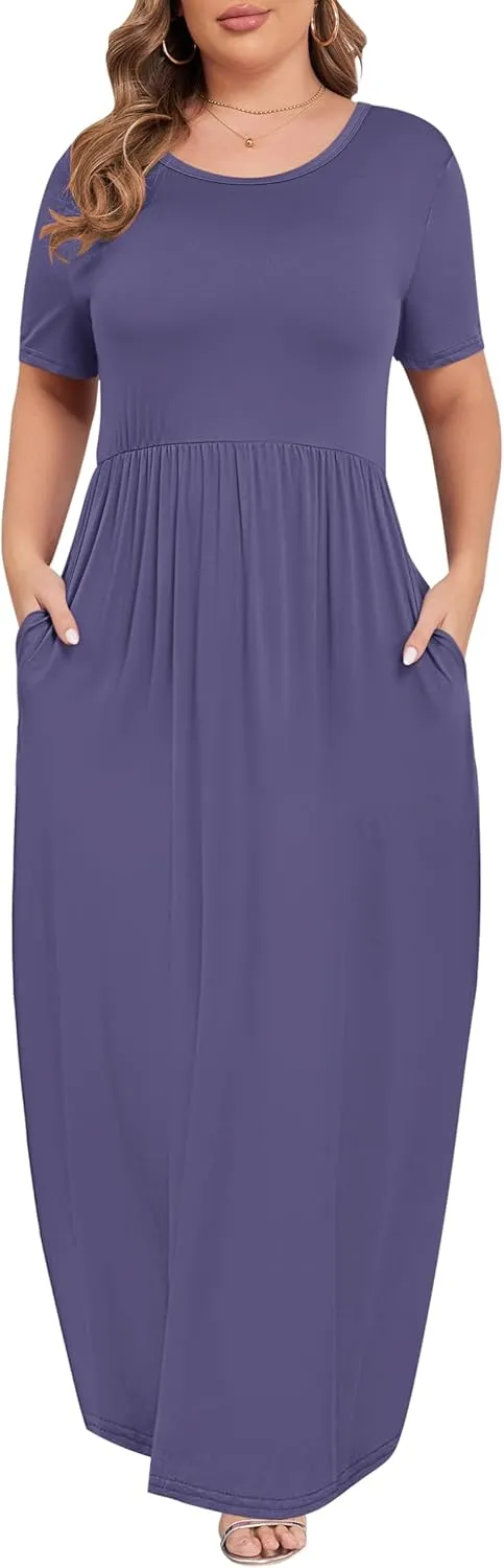 KARALIN Womens Plus Size Maxi Dresses for Curvy Women Summer Casual Short Sleeve 2025 Long Dress 14W-26W