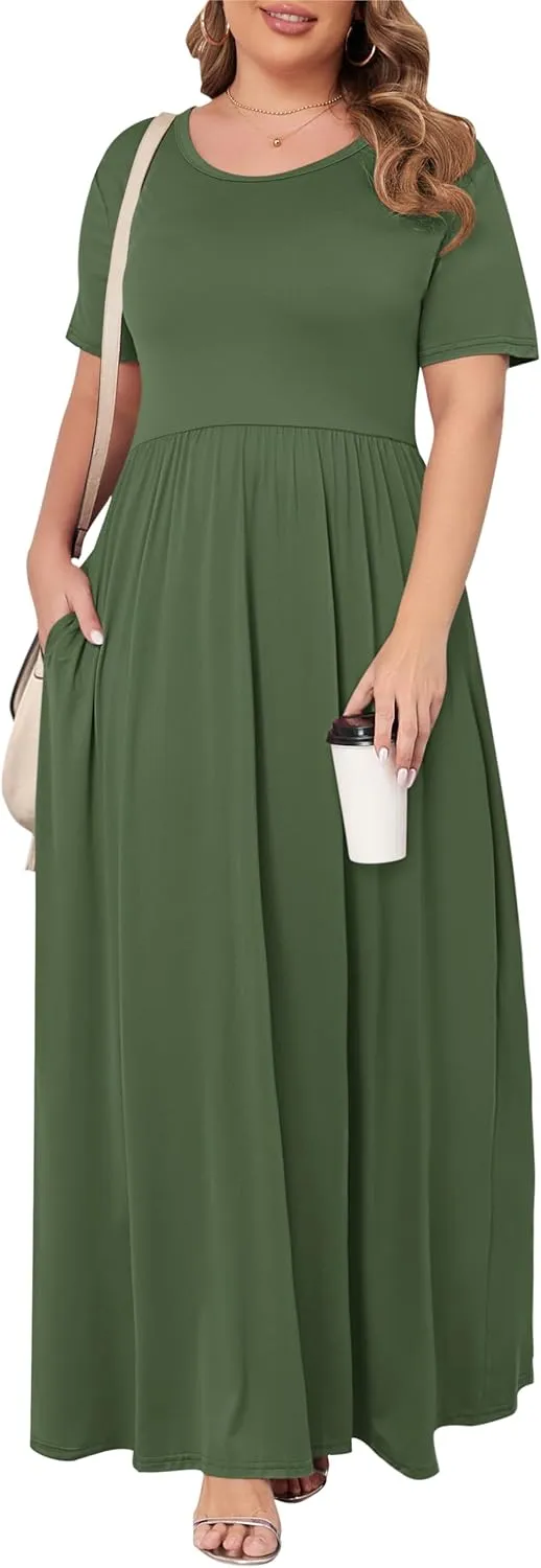KARALIN Womens Plus Size Maxi Dresses for Curvy Women Summer Casual Short Sleeve 2025 Long Dress 14W-26W