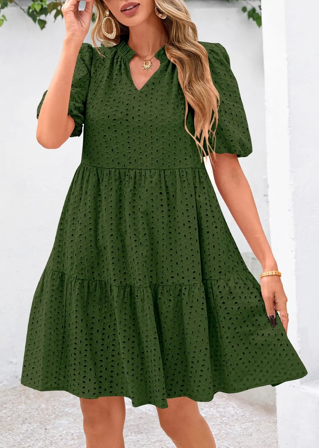 KIRUNDO Eyelet Summer Dresses for Women Mini Casual Hollow Out Short Sleeve Lace Tiered V Neck Shift Dress with Pockets