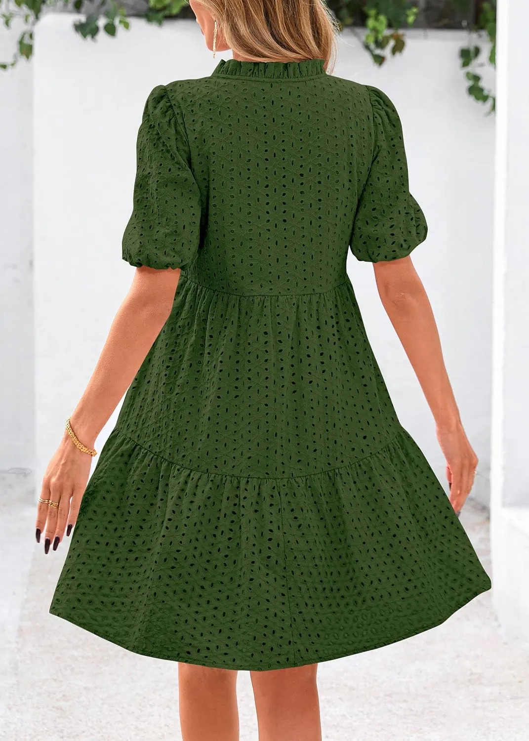 KIRUNDO Eyelet Summer Dresses for Women Mini Casual Hollow Out Short Sleeve Lace Tiered V Neck Shift Dress with Pockets