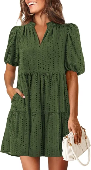KIRUNDO Eyelet Summer Dresses for Women Mini Casual Hollow Out Short Sleeve Lace Tiered V Neck Shift Dress with Pockets