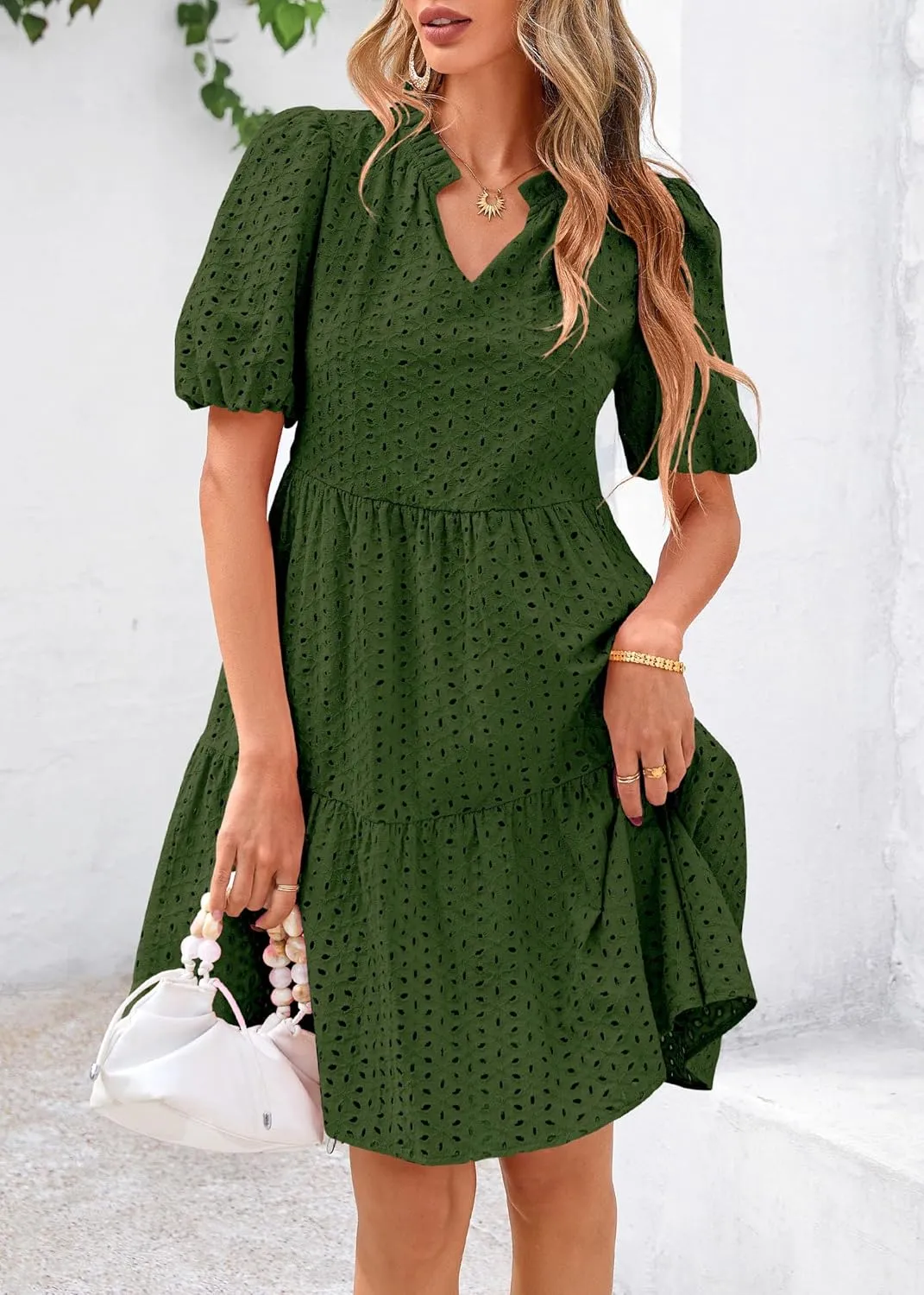 KIRUNDO Eyelet Summer Dresses for Women Mini Casual Hollow Out Short Sleeve Lace Tiered V Neck Shift Dress with Pockets