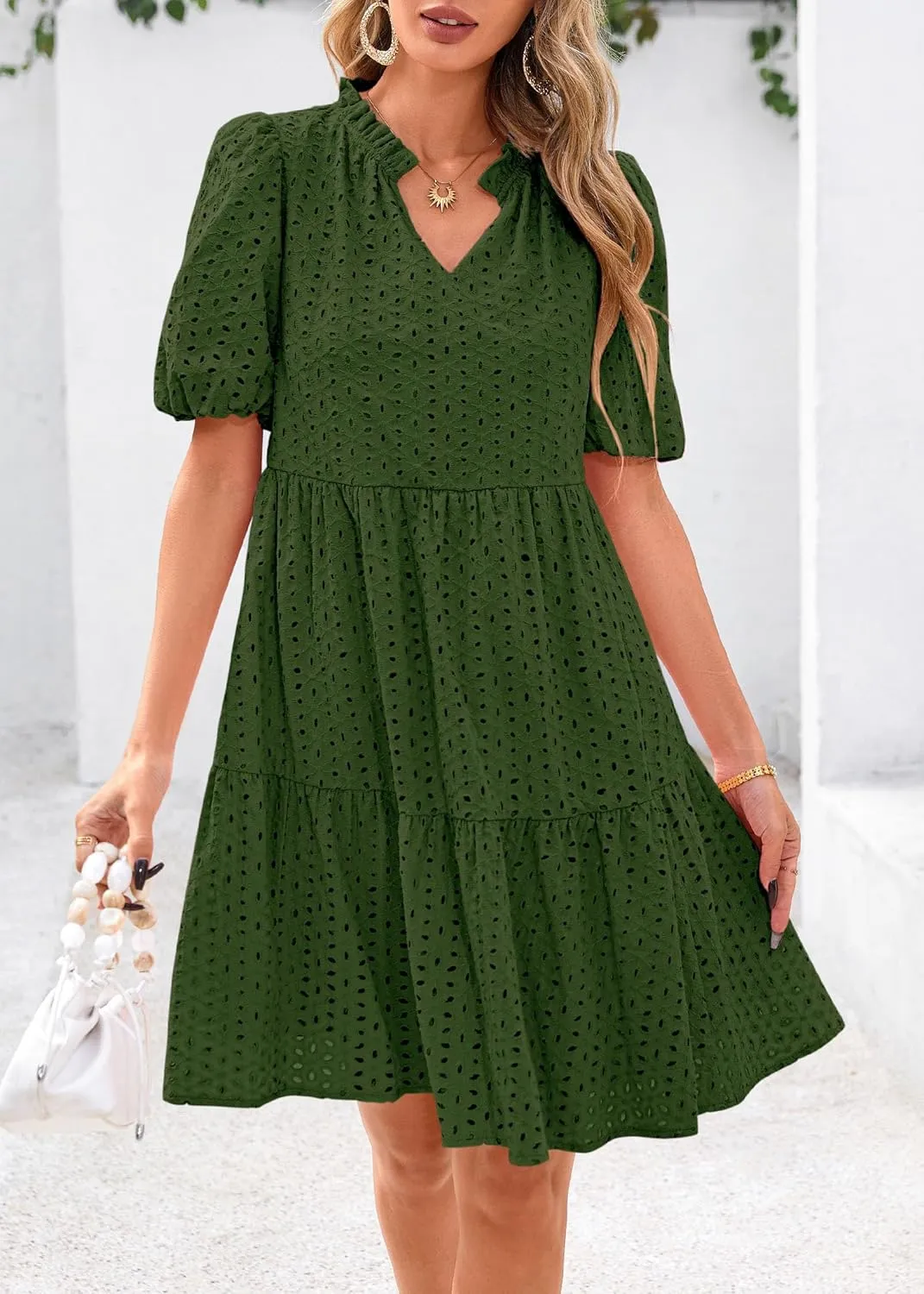 KIRUNDO Eyelet Summer Dresses for Women Mini Casual Hollow Out Short Sleeve Lace Tiered V Neck Shift Dress with Pockets