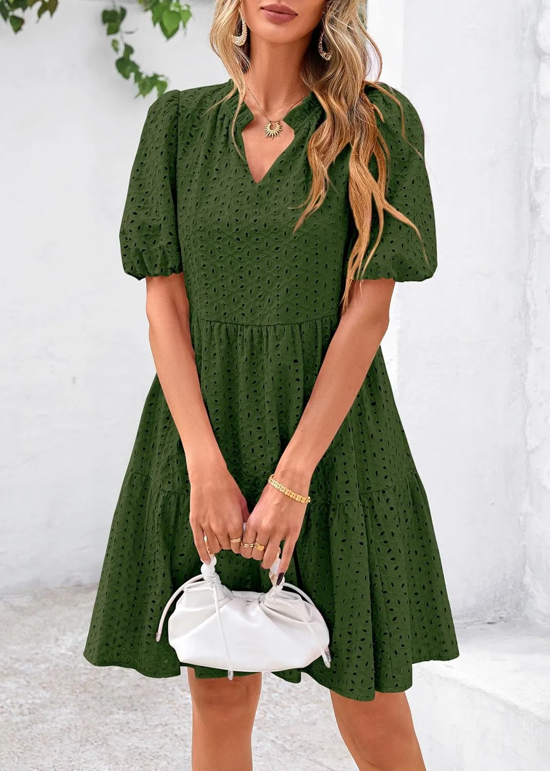 KIRUNDO Eyelet Summer Dresses for Women Mini Casual Hollow Out Short Sleeve Lace Tiered V Neck Shift Dress with Pockets
