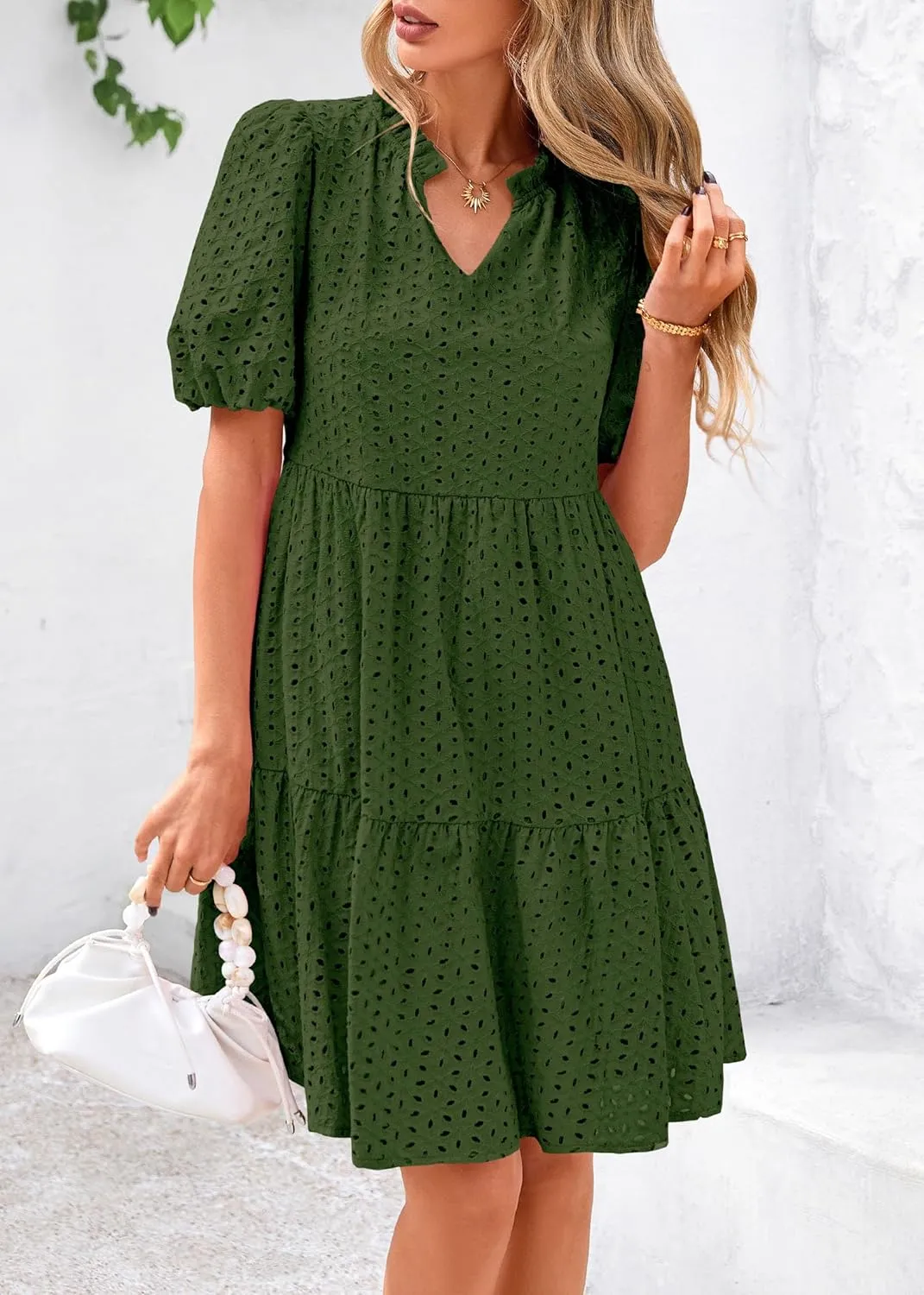 KIRUNDO Eyelet Summer Dresses for Women Mini Casual Hollow Out Short Sleeve Lace Tiered V Neck Shift Dress with Pockets
