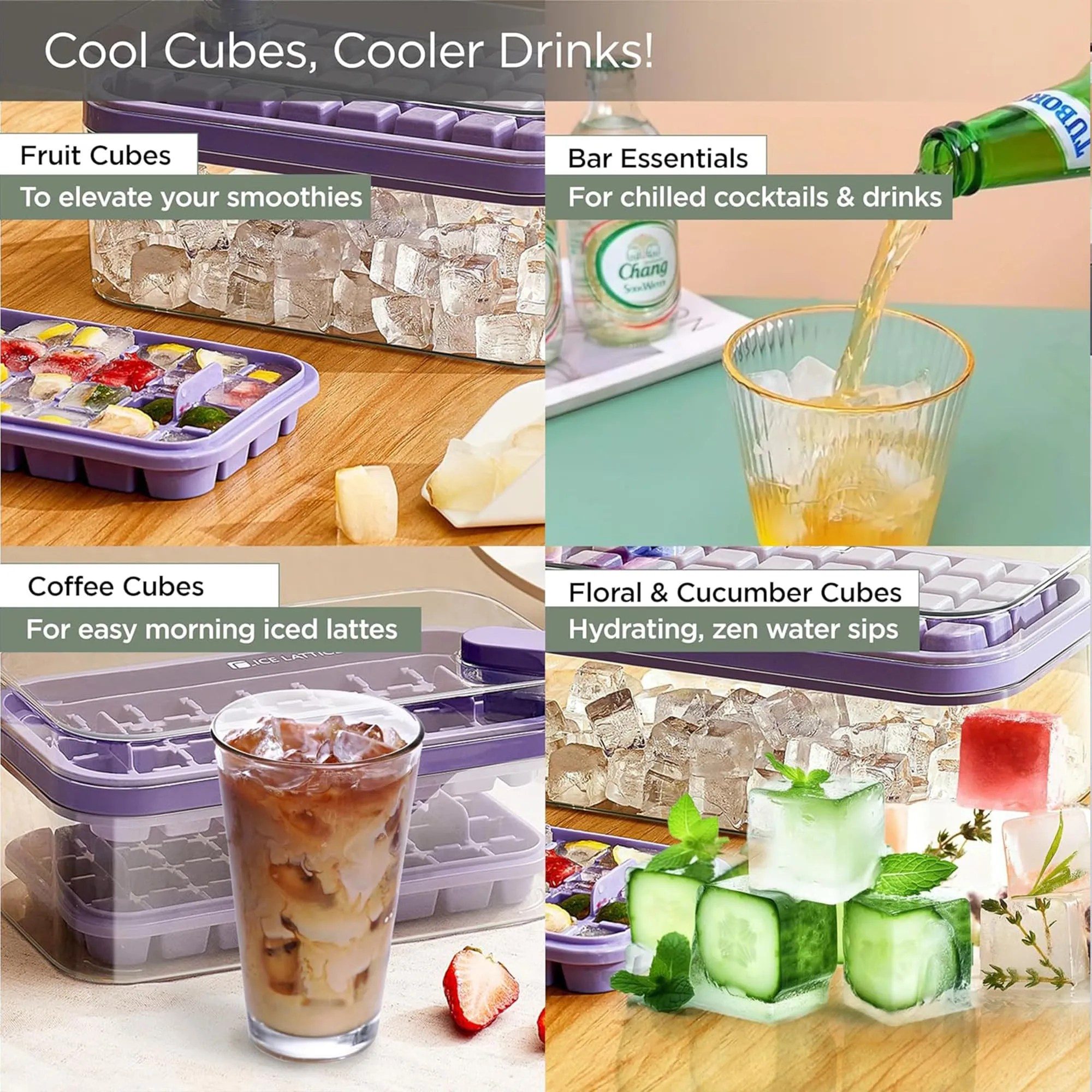 Kuber Industries Pack of 4| 2 Layer Ice Cube Tray with Lid | Ice Cube Storage Box with Ice Scoop | 64 Ice Cube Molds for Freezing | One-Press Demolding | BPA Free | Purple