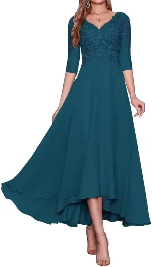 Lace Appliques Mother of The Bride Dress for Wedding V Neck Long Chiffon Formal Dresses with 3/4 Sleeves