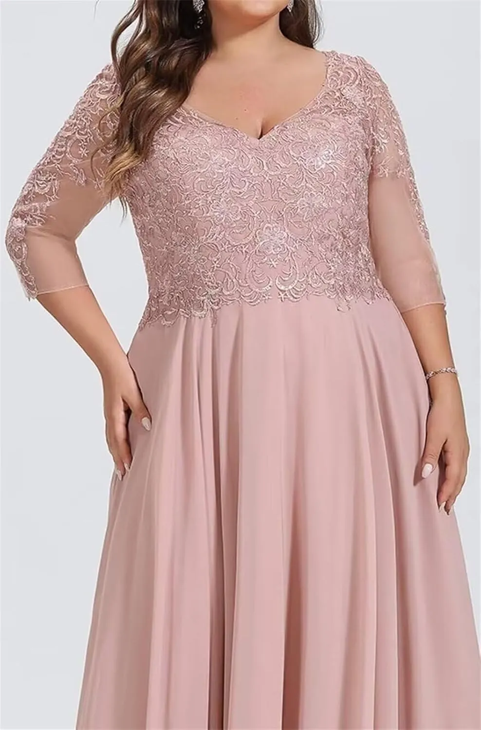 Lace Appliques Mother of The Bride Dress for Wedding V Neck Long Chiffon Formal Dresses with 3/4 Sleeves