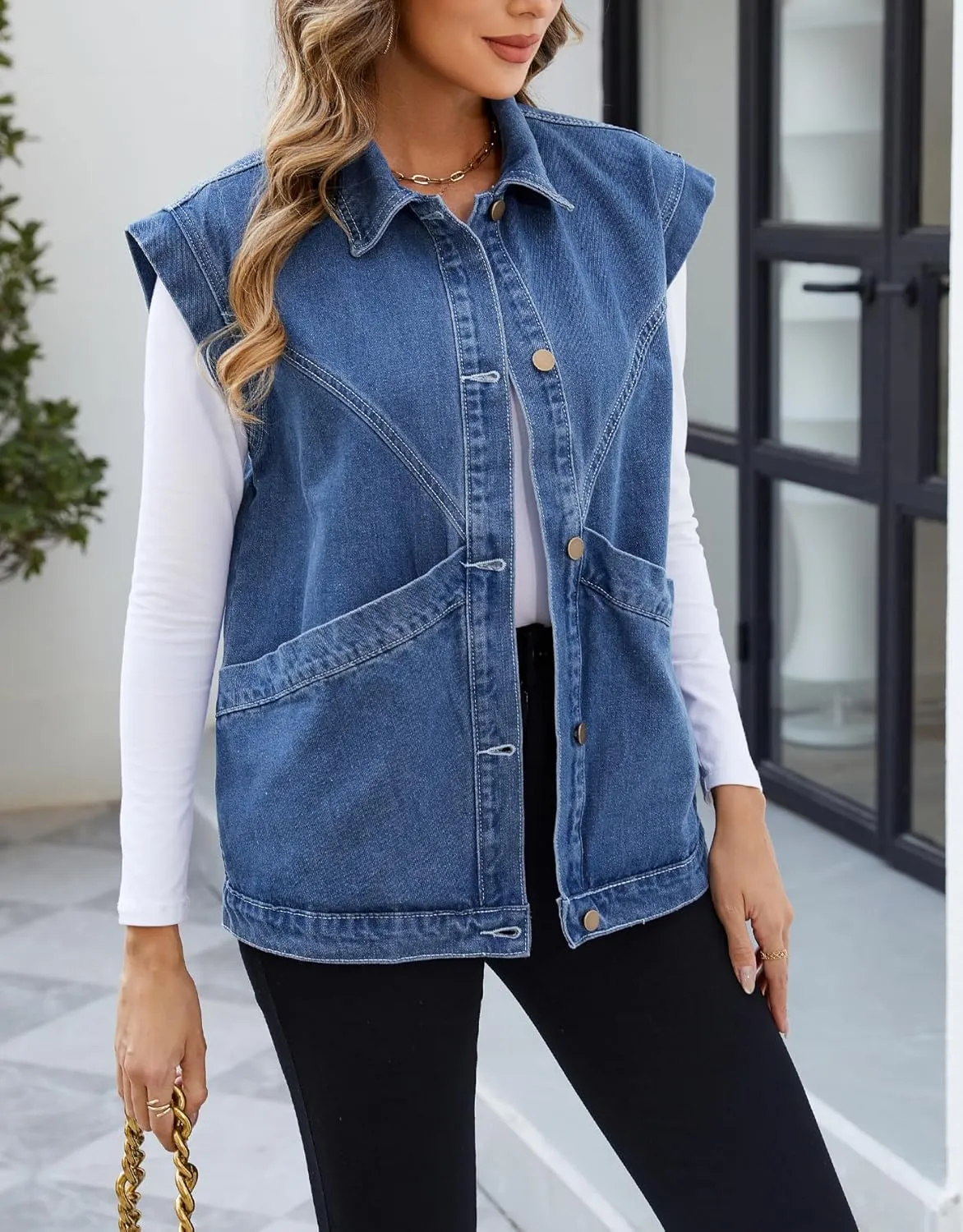 Ladyful Womens Oversized Denim Vest Long Jean Vest Top Utility Button Down Sleeveless Jean Jacket with Pockets