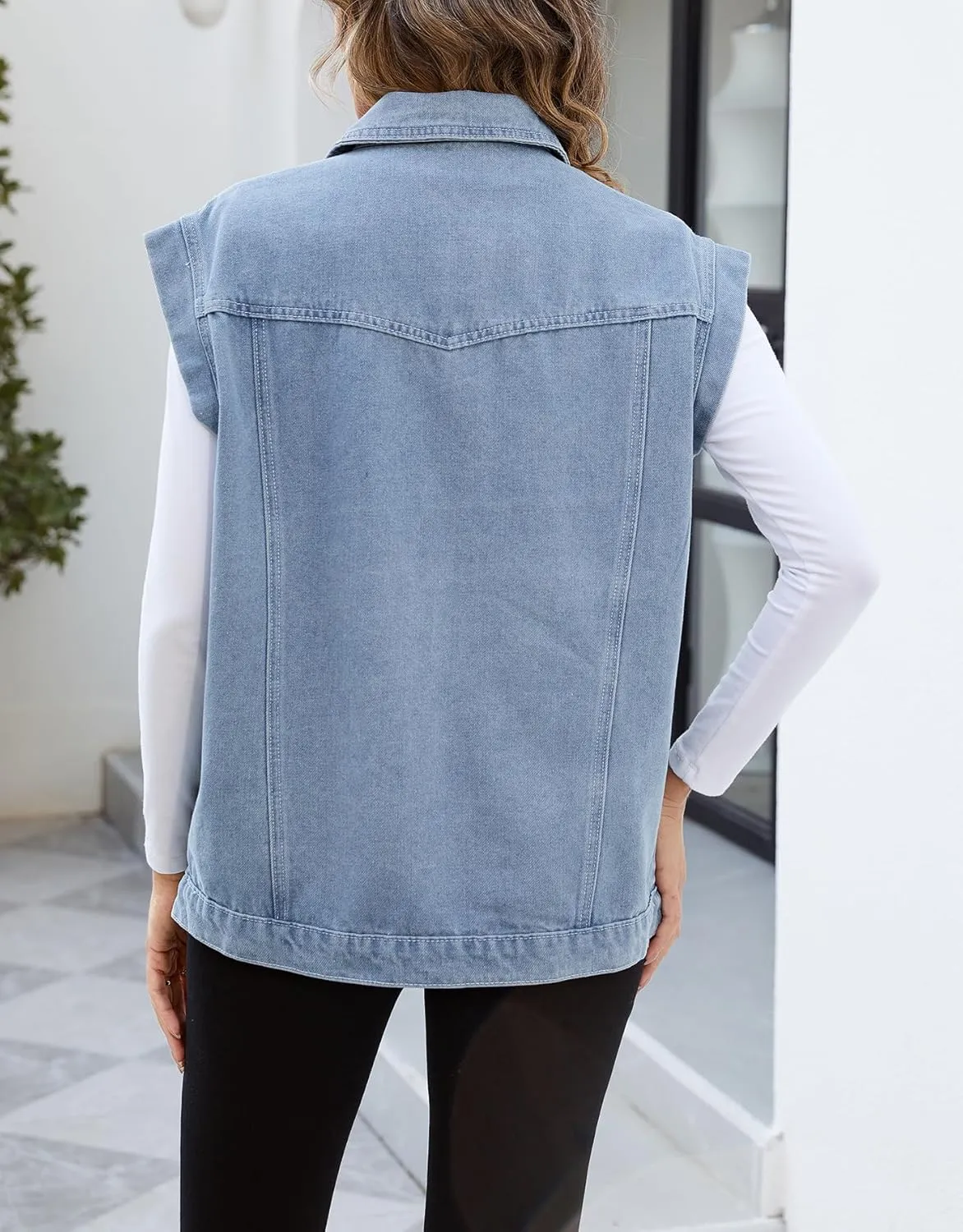 Ladyful Womens Oversized Denim Vest Long Jean Vest Top Utility Button Down Sleeveless Jean Jacket with Pockets