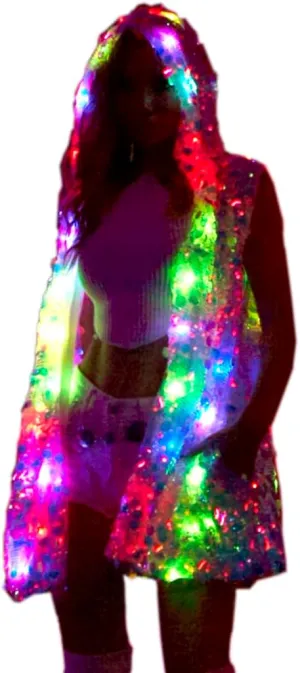 LED Light Up Jacket Vest for Women-Sparkling Pink Sequined Rave Outfit for Festivals,Parties,Halloween,Burning Man