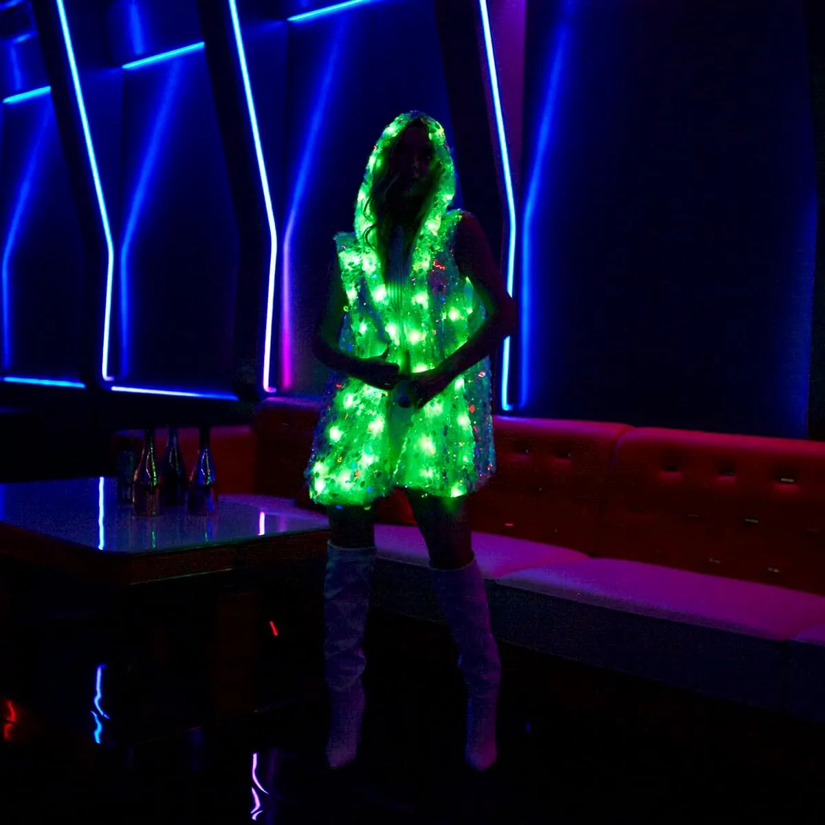 LED Light Up Jacket Vest for Women-Sparkling Pink Sequined Rave Outfit for Festivals,Parties,Halloween,Burning Man